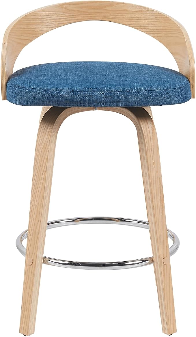 Sonia Modern Swivel Counter Height Bar Stool with Blue Upholstered Seat and Patterned Oak Wood Finish Set of 2