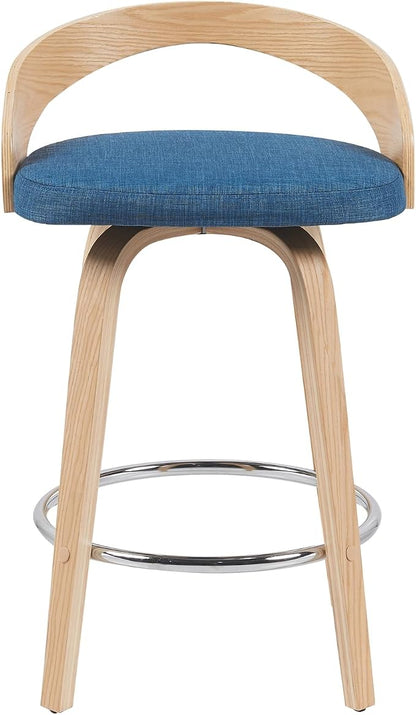 Sonia Modern Swivel Counter Height Bar Stool with Blue Upholstered Seat and Patterned Oak Wood Finish Set of 2