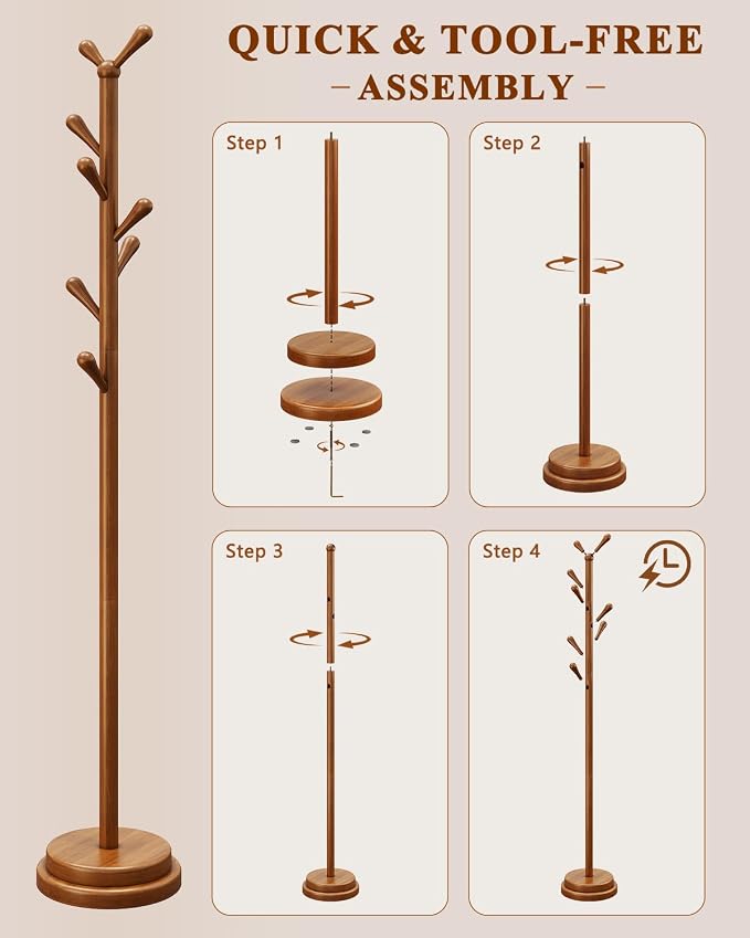 Freestanding Coat Rack, Solid Wood Coat Tree with 8 Smooth Rounded Hooks, Adjustable Height Heavy Duty Coat Rack with Dual-Layer Base, Holds Coats Hats Bags for Entryway, Bedroom, Living Room