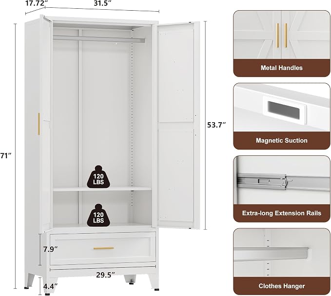 YAUWOH Farmhouse Wardrobe Cabinet with One Drawers,Metal Wardrobe Closet with Hanging Rod,Metal Armoire with Adjustable Shelves for Bedroom,Cloak Room,Office (White)
