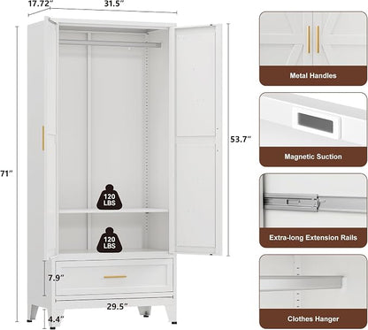 YAUWOH Farmhouse Wardrobe Cabinet with One Drawers,Metal Wardrobe Closet with Hanging Rod,Metal Armoire with Adjustable Shelves for Bedroom,Cloak Room,Office (White)