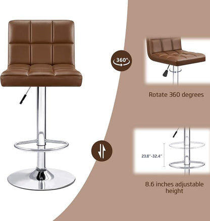 Furniwell Bar Stools Modern Pu Leather Swivel Adjustable Barstools Armless Counter Height Swivel Bar Stool Synthetic Leather Height Square Barstool with Set of 2(Brown)