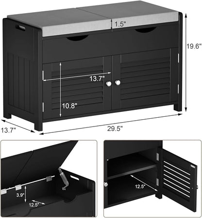 ChooChoo Shoe Storage Bench with Lift Top Storage, Entryway Bench with 2 Cushioned Seats, 3 Compartments, Adjustable Shelf, Shoe Cabinet for Entryway, Bedroom, Living Room, Black