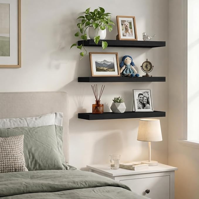 Floating Shelves for Wall, 16 inch Set of 3 Bathroom Shelf Bedroom Kitchen Living Room Hanging Book Shelves Small Farmhouse Decor, Black