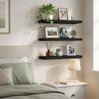 Floating Shelves for Wall, 16 inch Set of 3 Bathroom Shelf Bedroom Kitchen Living Room Hanging Book Shelves Small Farmhouse Decor, Black