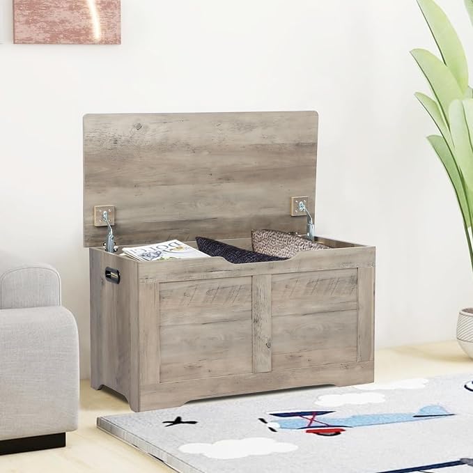 Timberer 31.5" Storage Chest, Wooden Storage Bench, Lift Top Toy Chest with 2 Safety Hinges, Large Toy Box, Entryway Shoes Bench for Living Room, Bedroom, Grey