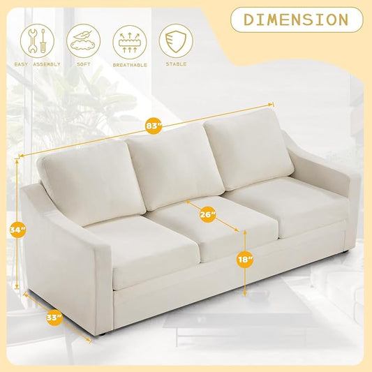83” Chenille 3 Seats Sofa w/Comfortable Back Cushions, Beige | Modern Couch w/Deep Seat Space, Upholstered 3 Seater Sofa w/High Resiliency Foam for Living Room