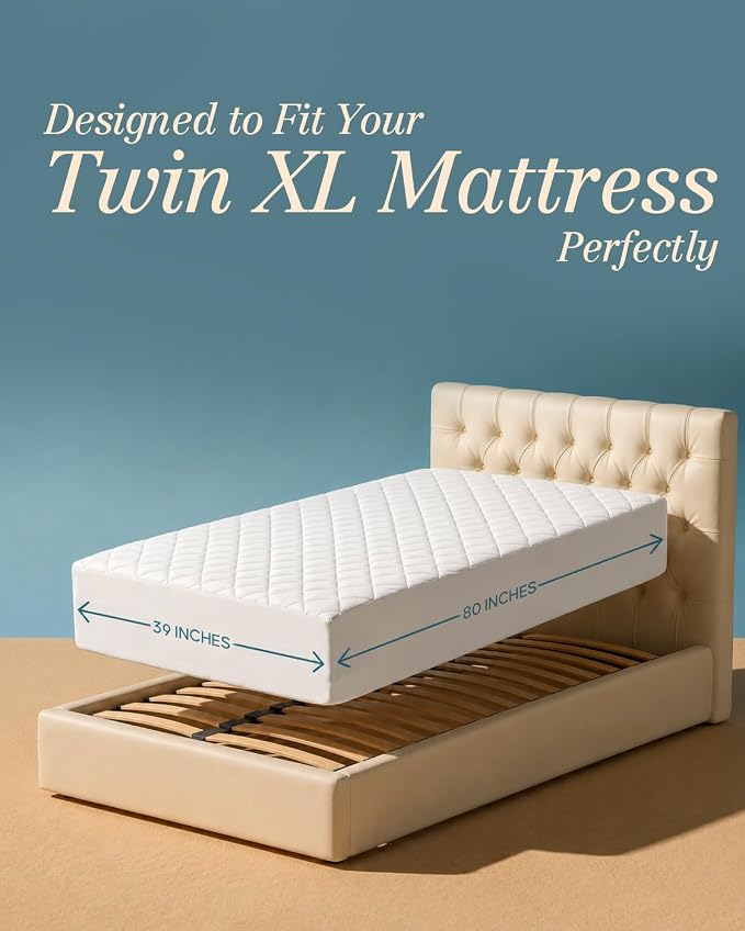 A bed frame with a fitted mattress shown against a blue gradient background, with text reading 'Designed to Fit Your Twin XL Mattress Perfectly' and dimension arrows indicating 39 inches width and 80 inches height.