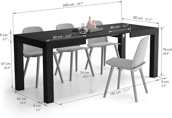 Mobili Fiver, First Extendable Table, 47.2(78.7) x31.5 in, Ashwood Black, for 6-8 People, Expandable Dining Table for Kitchen, Living Room, Italian Furniture