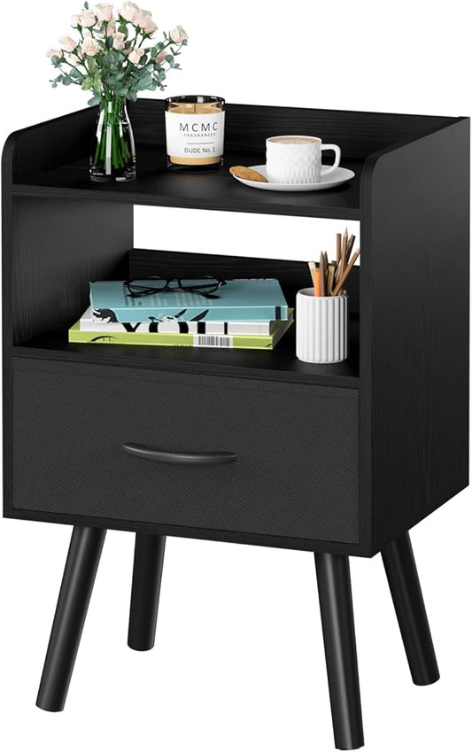 Yoobure Night Stand with Fabric Drawer, Modern Nightstand, Bedside Tables, Mid Century Nightstands with Open Storage Shelf, Wood Bedside Table, Small Night Stands for Bedrooms, 2-Tier Night Table