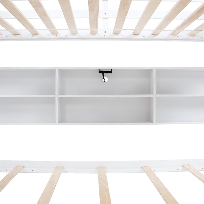 RUNNA Queen Over Queen Bunk Bed with Storage,Charging Station,White | Queen over queen bunk bed with storage cabinets,USB,solid wood frame,guardrails,no box spring needed,space saving, white