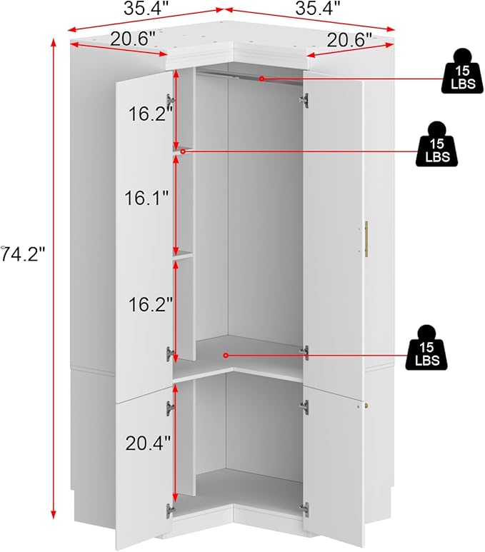 AIEGLE Corner Armoire Wardrobe Closet with Drawers, White Coat Closet with Doors, Modern Tall Wardrobe Corner Cabinet Closet with Hanging Rod for Bedroom, Freestanding, White, 35.4"D x 35.4"W x 74.2"H