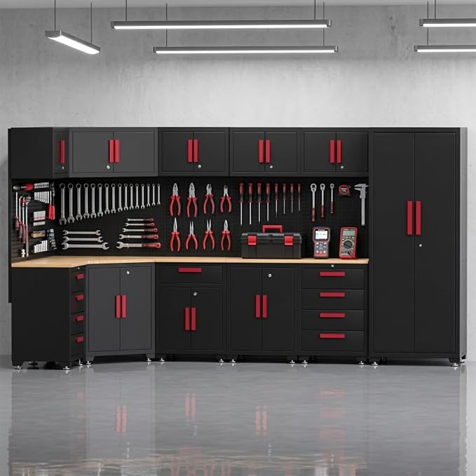 Garage Storage Cabinet System,16PCS Garage Cabinets and Storage System Corner Workshop Set with Corner Cabinet, Cabinet Drawers, Workbench, Pegboard for Tool Organization, Black Red