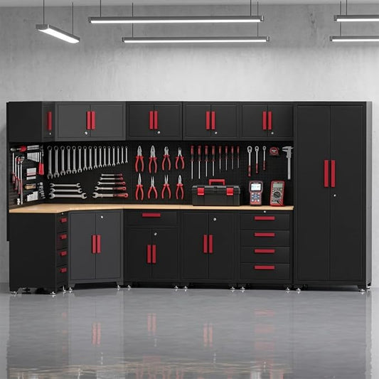 Garage Storage Cabinet System,16PCS Garage Cabinets and Storage System Corner Workshop Set with Corner Cabinet, Cabinet Drawers, Workbench, Pegboard for Tool Organization, Black Red