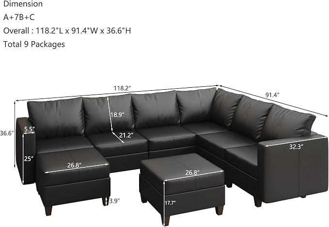 EASE MOOSE Faux Leather Sectional Sofa with Storage,Large U Shaped Faux Leather Modular Couch Sofa, Black