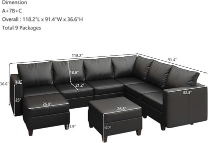 EASE MOOSE Faux Leather Sectional Sofa with Storage,Large U Shaped Faux Leather Modular Couch Sofa, Black