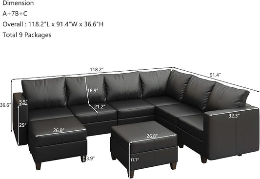EASE MOOSE Faux Leather Sectional Sofa with Storage,Large U Shaped Faux Leather Modular Couch Sofa, Black