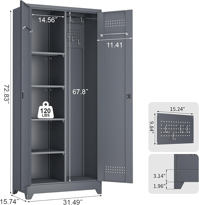 72.8" H Metal Garage Storage Cabinets, Metal Storage Cabinet with Hanging Rod & S-Hooks, Broom Closet Storage with Shelves, Functional Storage Cabinets for Garage, Warehouse, Grey