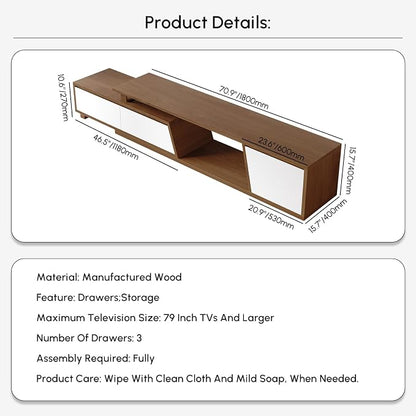 homary Extendable TV Stand with 3 Drawers Minimalist Rectangle Entertainment Center White & Walnut TV Console Up to 110" (70.9”W-110.2”W)