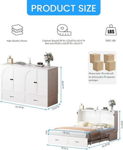 PUREMIND Murphy Bed Queen with Mattress Included, Arched Frame Cabinet Beds Chest with Charging Station & Storage Drawers, Convertible Hideaway Cabinet Bed for Guest Room, White