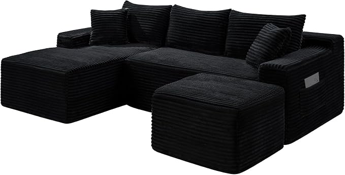 95-Inch U-Shaped Left Facing Corner Compressed Sofa Modular Sectional Boneless Cloud Sofa Floor Foam Couch W/Chaise Lounge & Ottoman, Corduroy Corner Boneless Cloud Couch