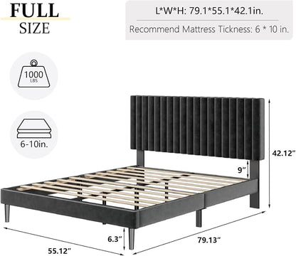 HAOARA Full Size Platform Bed Frame with Velvet Upholstered Headboard, Full Bed Frame with Strong Wood Slats, Mattress Foundation, Box Spring Optional, Easy Assembly, Black