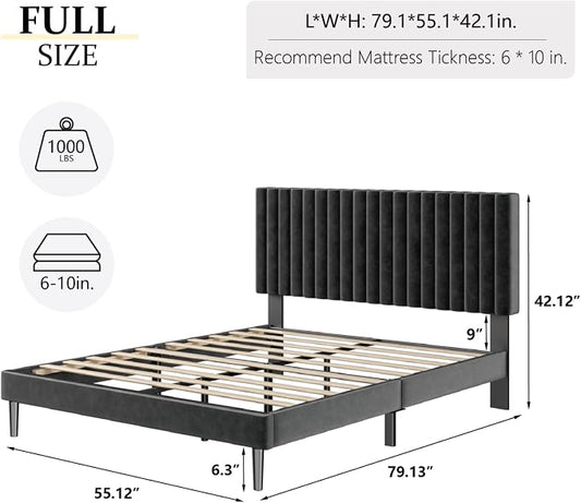 HAOARA Full Size Platform Bed Frame with Velvet Upholstered Headboard, Full Bed Frame with Strong Wood Slats, Mattress Foundation, Box Spring Optional, Easy Assembly, Black