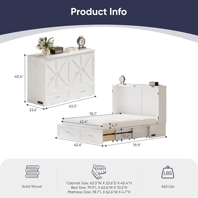 ijuicy Queen Murphy Cabinet Bed, with Mattress, Storage & Charge, White | Queen Murphy Bed Built-in multifunctional charging station & storage drawers, space-saving foldaway design for guest room.