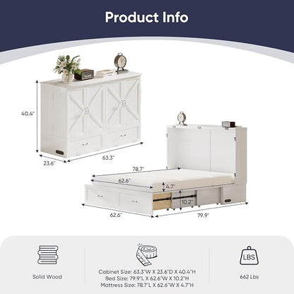 ijuicy Queen Murphy Cabinet Bed, Storage & Charge, No Mattress, White | Queen Murphy Bed Built-in multifunctional charging station & storage drawers, space-saving foldaway design for guest room.