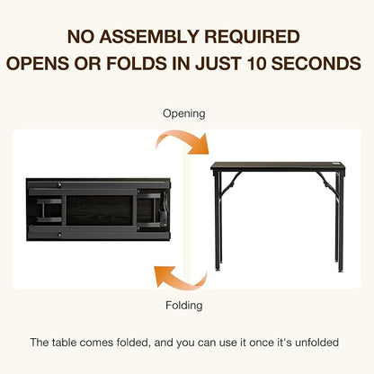 TEMI Small Computer Desk Folding Table - No Assembly, Compact 35.8" Foldable Desk with Power Outlets & USB Charging Port, Portable Small Office Desk, Ideal Mini Study Table, Dark Oak