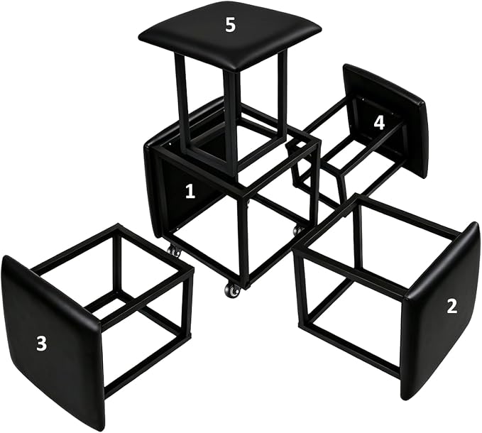 5 in 1 Nesting Ottoman Cube Chair, Stackable Stools, Leather Square Ottoman Bench, Foot Stool with Wheels for Living Room,Dining Room 15.75x15.75x16.54 inches