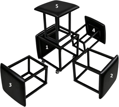 5 in 1 Nesting Ottoman Cube Chair, Stackable Stools, Leather Square Ottoman Bench, Foot Stool with Wheels for Living Room,Dining Room 15.75x15.75x16.54 inches