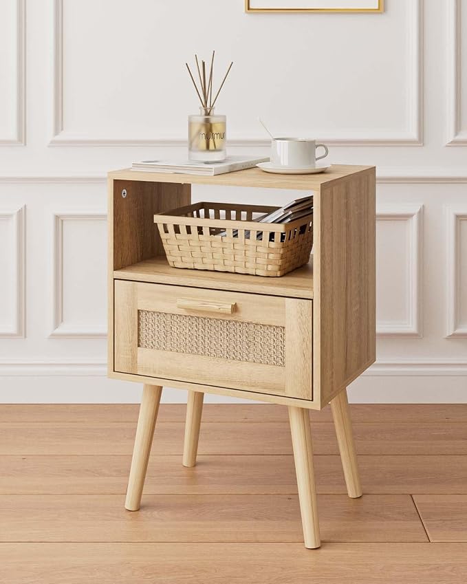 Aienvey Rattan Nightstand, Small Night Stand, Side Table with Drawer Open Shelf, Cane Accent Bedside End Table with Wood Legs, Mid Century Modern Nightstand for Bedroom, Oak (Mid-Century Modern)
