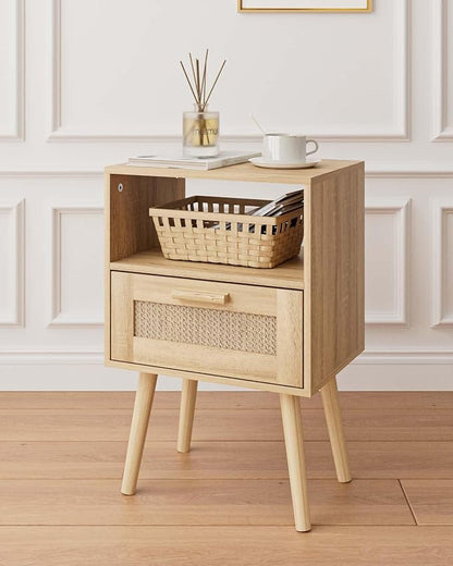 Aienvey Rattan Nightstand, Small Night Stand, Side Table with Drawer Open Shelf, Cane Accent Bedside End Table with Wood Legs, Mid Century Modern Nightstand for Bedroom, Oak (Mid-Century Modern)