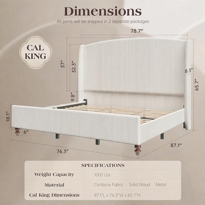 65.7" Tall Headboard California King Size Upholstered Bed Frame with Wingback, Soft Washable Corduroy Beds Cover, Solid Wood Legs, Noise-Free, No Box Spring Needed, Cream
