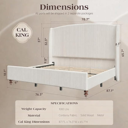 65.7" Tall Headboard California King Size Upholstered Bed Frame with Wingback, Soft Washable Corduroy Beds Cover, Solid Wood Legs, Noise-Free, No Box Spring Needed, Cream
