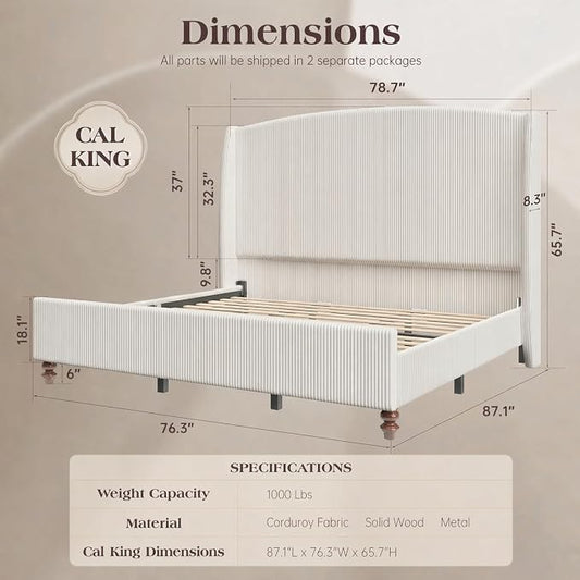 65.7" Tall Headboard California King Size Upholstered Bed Frame with Wingback, Soft Washable Corduroy Beds Cover, Solid Wood Legs, Noise-Free, No Box Spring Needed, Cream