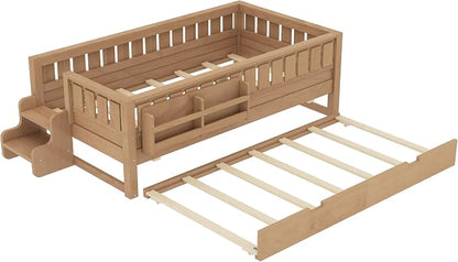 Bellemave Twin Kids Montessori Bed with Stairs, Bookshelf and Trundle, Solid Wood Kids Bed Frame with Storage for Boys Girls, Low Profile,Natural