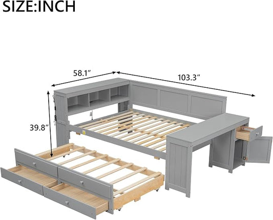 Bellemave Full Corner Bed Frame, Twin Size Captain beds with Storage Cabinets and Desk, Wood Daybed with Bookcase Trundle and Drawers, Gray