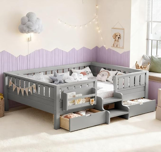 Bellemave Full Size Kids Bed with high Rails and with Built-in Bookshelf and Drawers for Kids, Girls, Boys, Wood Montessori Bed Without Door, Gray