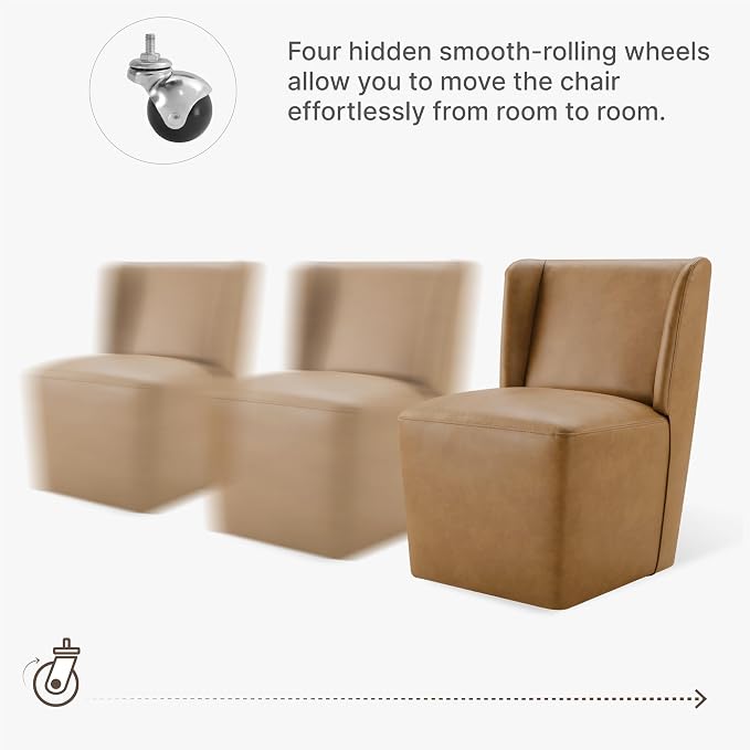 KISLOT Upholstered Dining Chairs Set of 2 with Casters, Wingback Modern Side Armless Deskchair with Rollers for Diningroom Bedroom Livingroom Reading Room, Brown Faux Leather