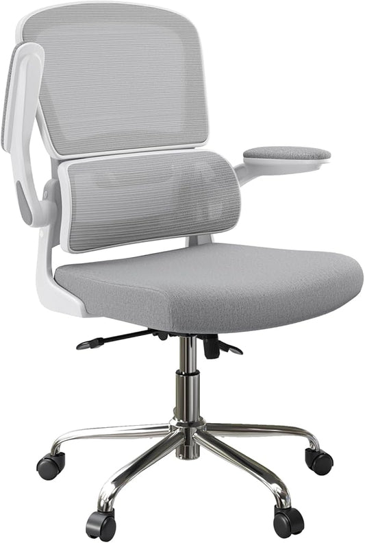 Logicfox Ergonomic Office Chair, Comfortable Office Chair with Flip-up Arms, Adaptive Lumbar Support, Mesh Computer Chair with Thick Cushion, White Desk Chair with 90°-130° Tilt Function
