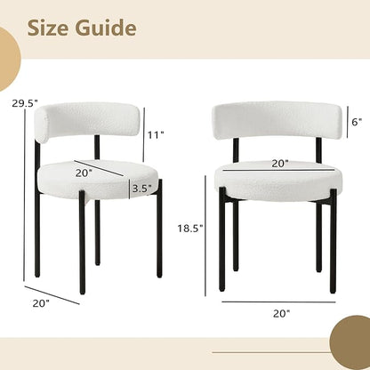Boucle Dining Chairs Set of 2, White Dining Chairs with Upholstered Seat and Round Back, Mid-Century Modern Kitchen Chairs for Dining Room, Restaurant