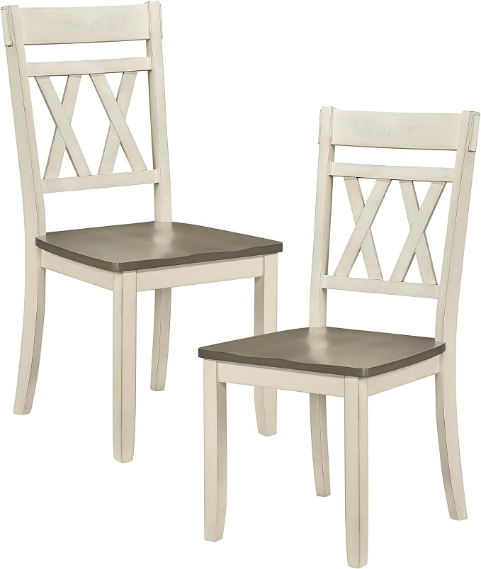 Lexicon Farmhouse Wood Dining Chair, Set of 2, Double Cross Back, Rustic Armless Chairs, Kitchen and Dining Room Furniture, Two-Tone Finish (Greywash and Antique White)