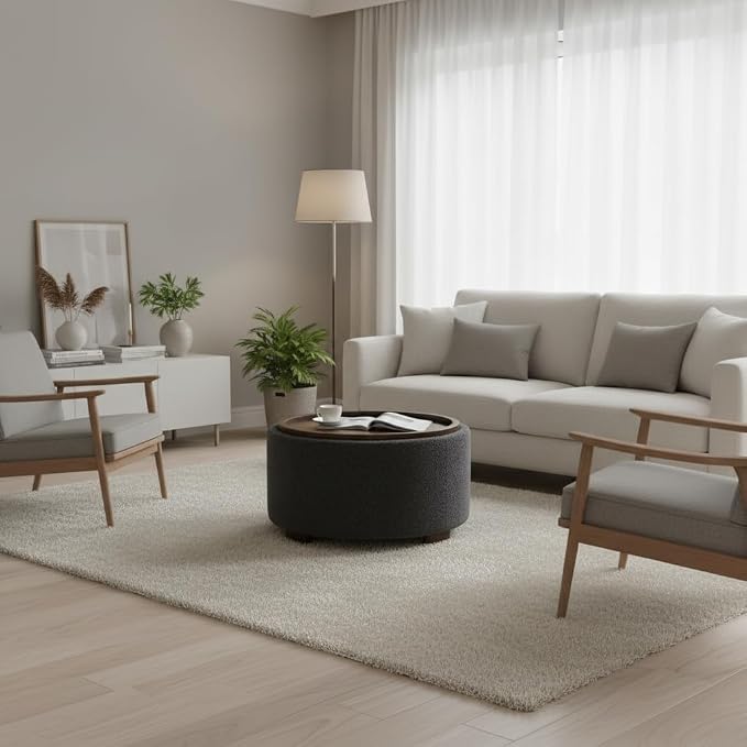Zihanhome 30 Inch Round Storage Ottoman Coffee Table, Modern Boucle Ottoman with Lift-Off Lid and Solid Wood Legs for Living Room, Bedroom, Corners, Apartments (Grey)