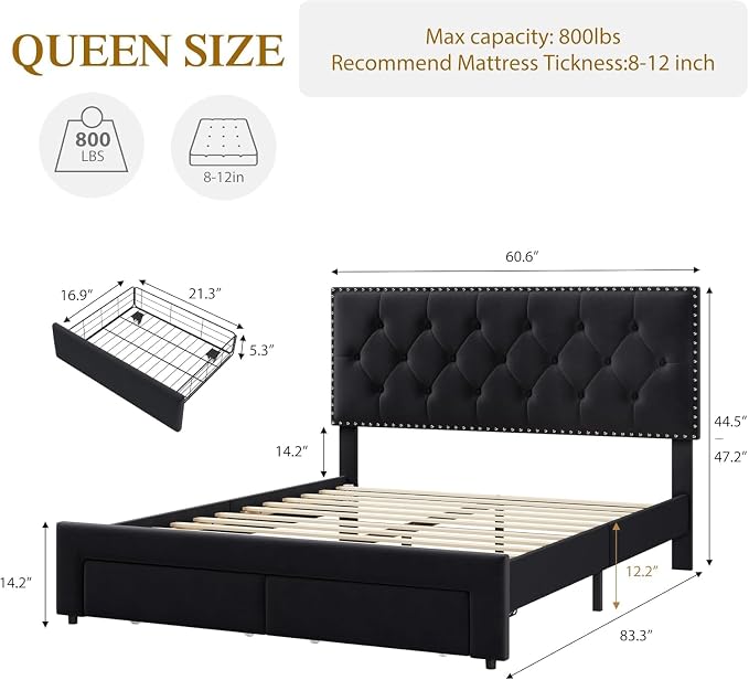 GarveeHome Queen Size Bed Frame with Storage Drawers — Velvet Upholstered Platform Bed with Vintage Headboard, Wooden Slat Support, Noise-Free, No Box Spring Needed, Black