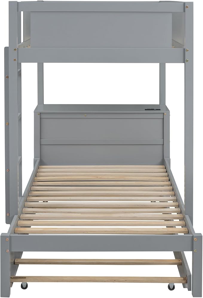 Ball & Cast Twin-Over-Twin Bunk Bed with Twin Size Trundle,Solid Wood Bedframe W/Desk & Drawers,USB,Space Saving,Easy Assembly,Multifunctional Bedroom Furniture Set for Boys Girls Teens,Gray