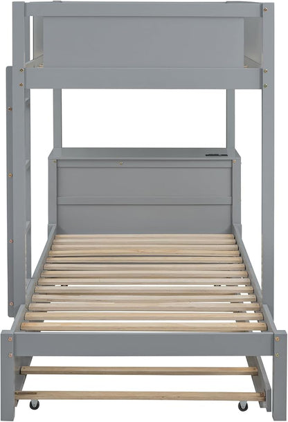 Ball & Cast Twin-Over-Twin Bunk Bed with Twin Size Trundle,Solid Wood Bedframe W/Desk & Drawers,USB,Space Saving,Easy Assembly,Multifunctional Bedroom Furniture Set for Boys Girls Teens,Gray