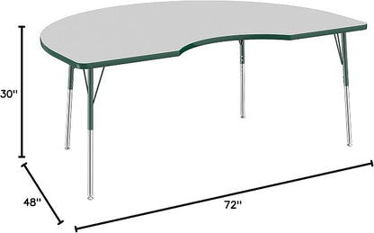 FDP Kidney Activity School and Office Table (48 x 72 inch), Standard Legs with Swivel Glides for Collaborative Seating Environments, Adjustable Height 19-30 inches - Gray Top and Green Edge