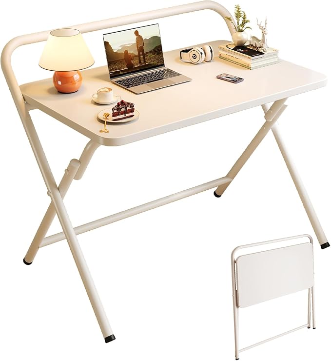 Folding Table, Small Computer Desk, Foldable Desk for Bedroom, Mini Desk for Home Office&Study, 24x16 Inches, No Assembly Required, Wood Top with Metal Frame, White